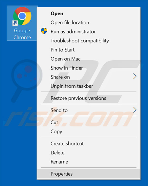 Removing startme.online from Google Chrome shortcut target step 1