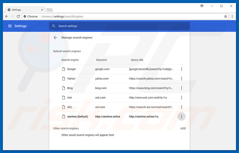 Removing startme.online from Google Chrome default search engine