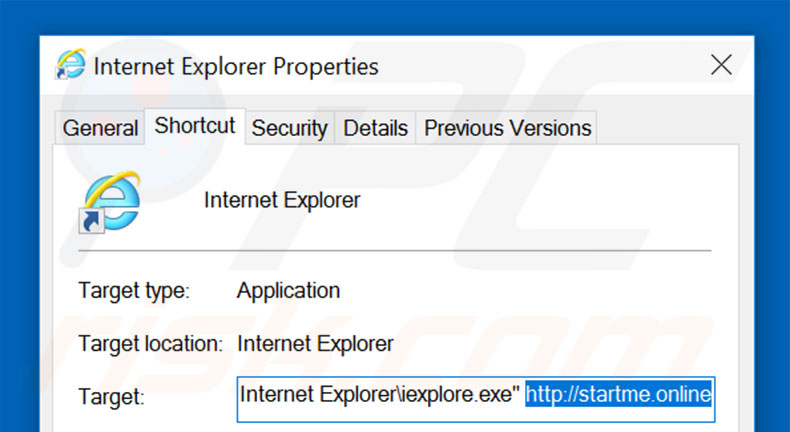 Removing startme.online from Internet Explorer shortcut target step 2