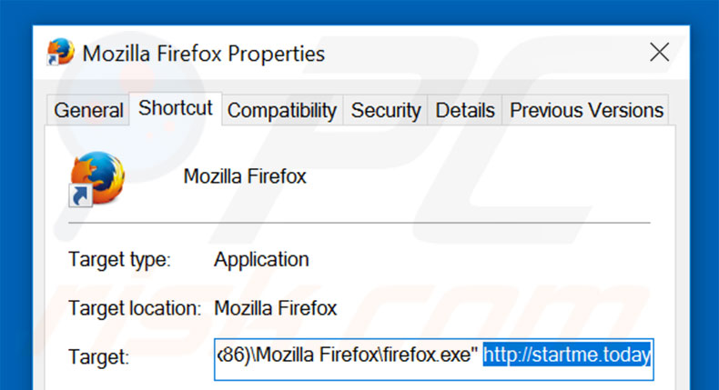 Removing startme.today from Mozilla Firefox shortcut target step 2