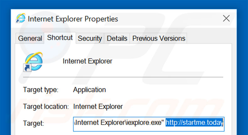 Removing startme.today from Internet Explorer shortcut target step 2