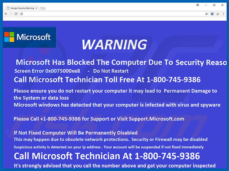 Witryna wyświetlająca oszustwo Microsoft Has Blocked The Computer