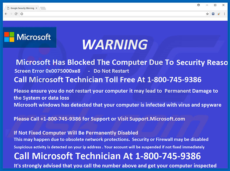 Witryna wyświetlająca oszustwo Microsoft Has Blocked The Computer