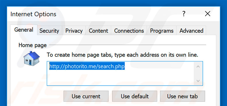 Removing photorito.me from Internet Explorer homepage
