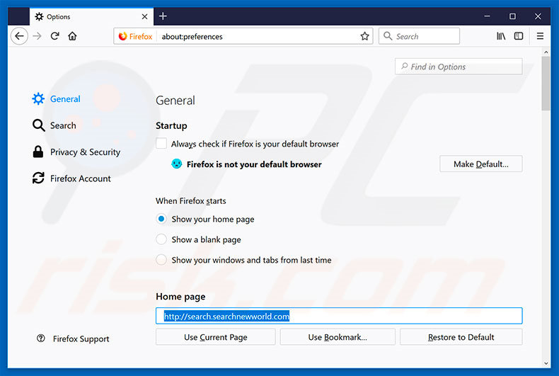 Removing searchnewworld.com from Mozilla Firefox homepage