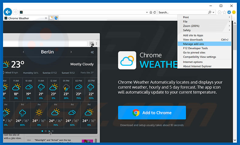 Removing Weather For Chrome ads from Internet Explorer step 1