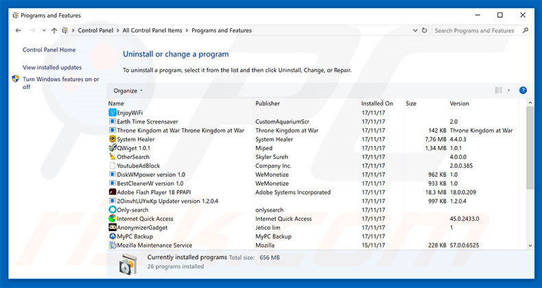 Weather For Chrome adware uninstall via Control Panel