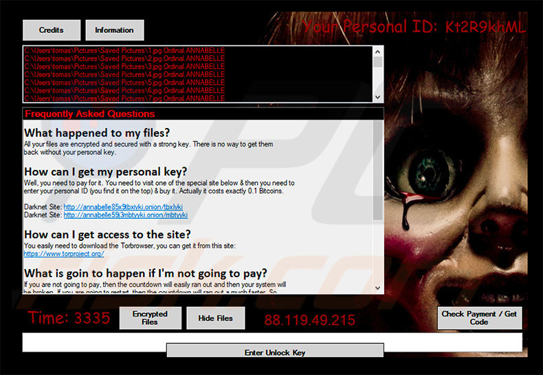 Wiadomość z żądaniem okupu ransomware ANNABELLE