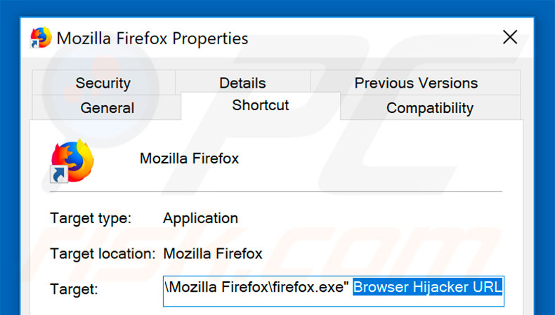 Removing browser hijacker from Mozilla Firefox shortcut target step 2