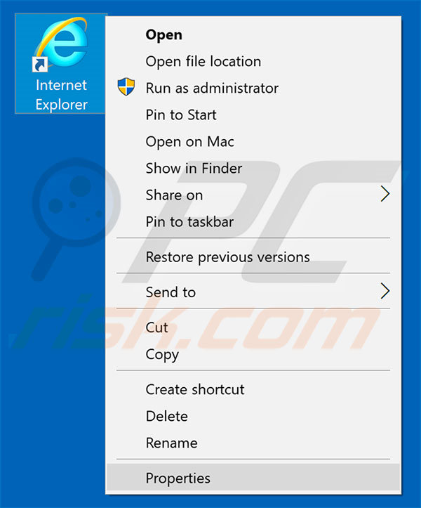 Removing browser hijacker from Internet Explorer shortcut target step 1