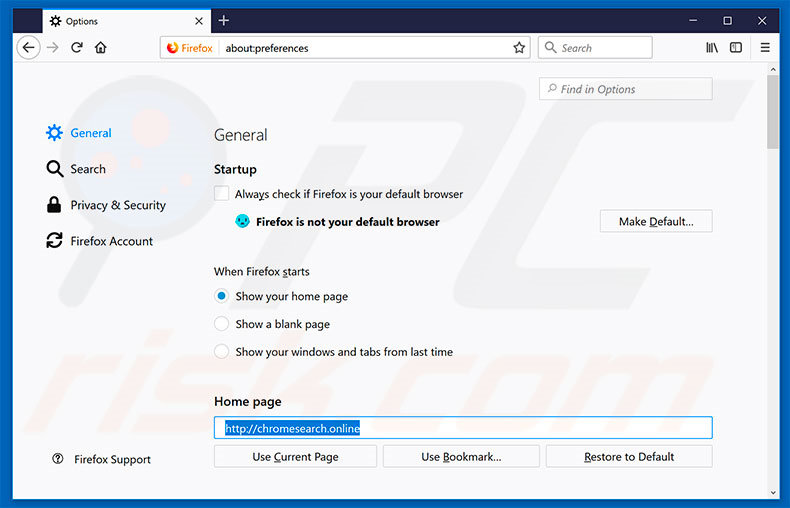 Removing chromesearch.online from Mozilla Firefox homepage