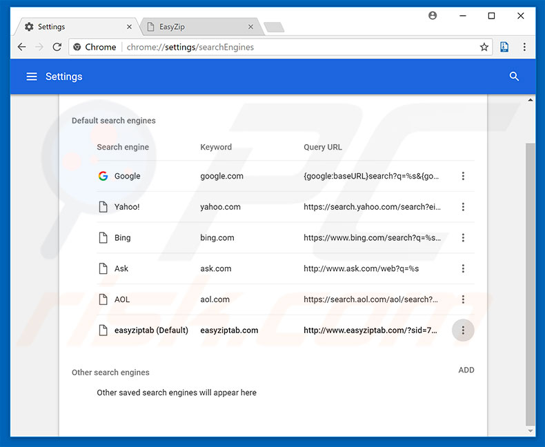 Removing easyziptab.com from Google Chrome default search engine