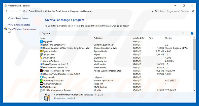 Comcast Cable Warning Alert adware uninstall via Control Panel