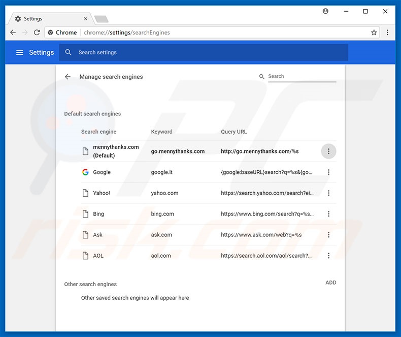 Removing go.mennythanks.com from Google Chrome default search engine