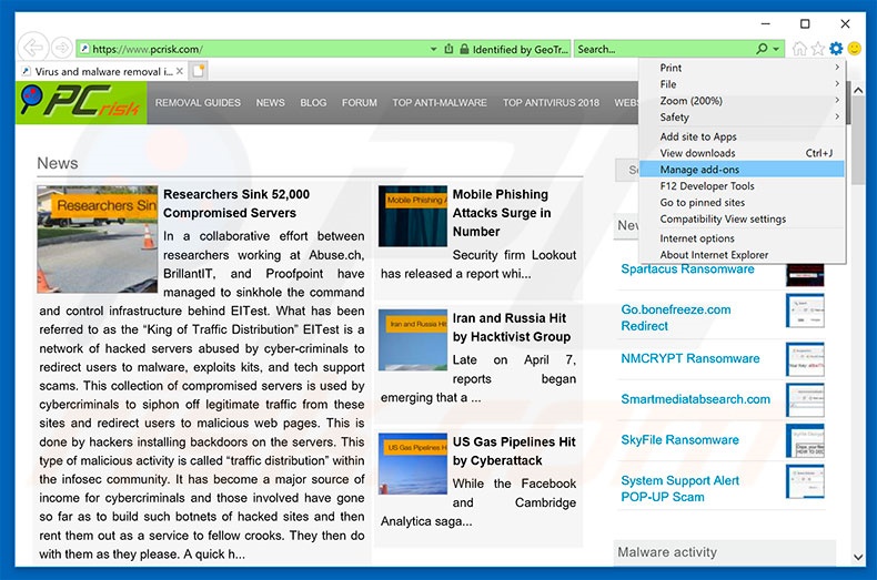 Removing rogue extensions from Internet Explorer step 1