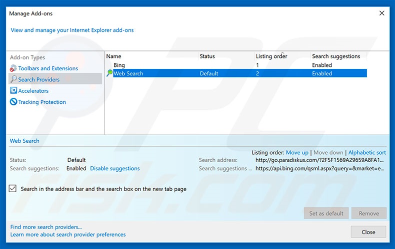 Removing go.paradiskus.com from Internet Explorer default search engine