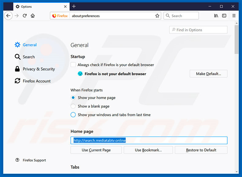 Removing search.mediatabtv.online from Mozilla Firefox homepage