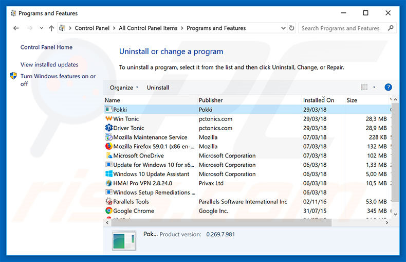 Odinstalowanie adware Pokki za pomocą Panelu sterowania