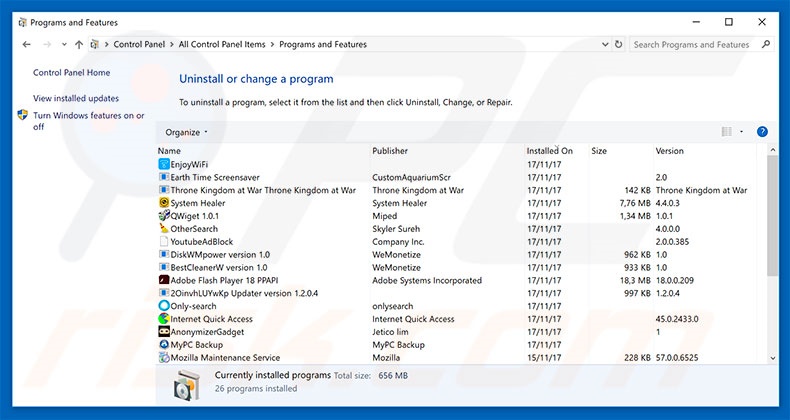System Support Alert adware uninstall via Control Panel