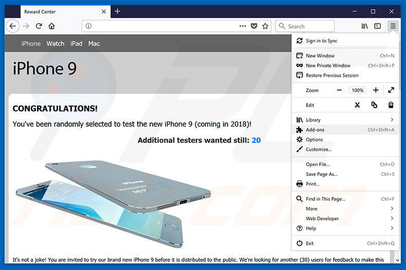 Removing You've Been Selected To Test iPhone 9 ads from Mozilla Firefox step 1