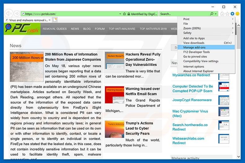 Removing rogue extensions from Internet Explorer step 1