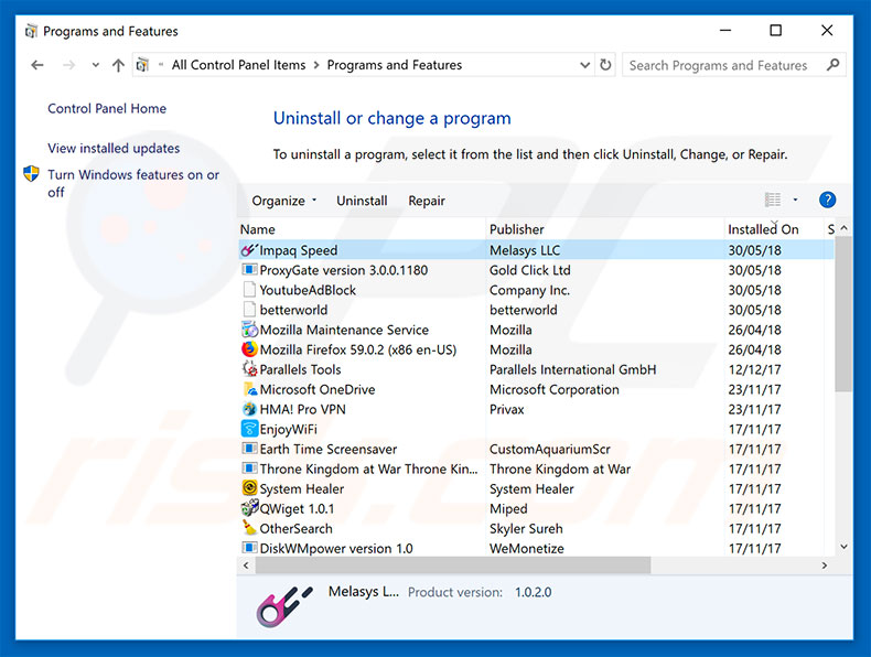 ImpaqSpeed adware uninstall via Control Panel