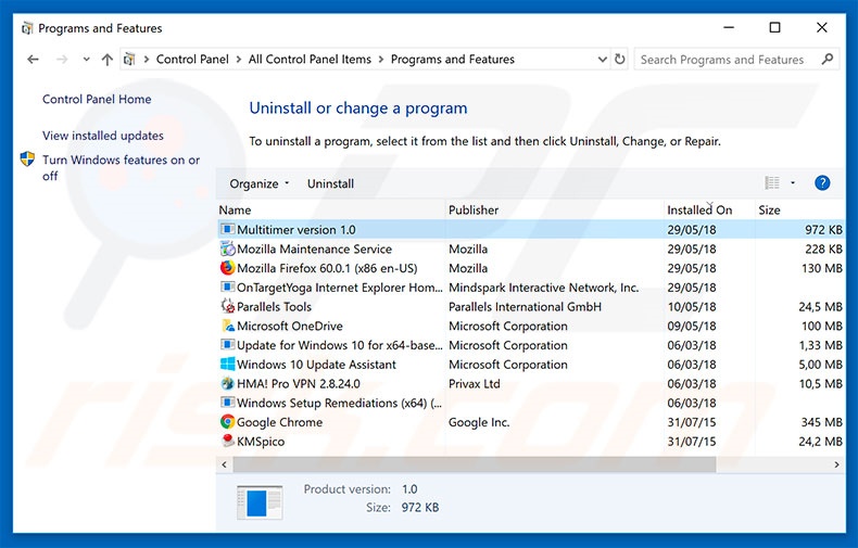 Multitimer adware uninstall via Control Panel
