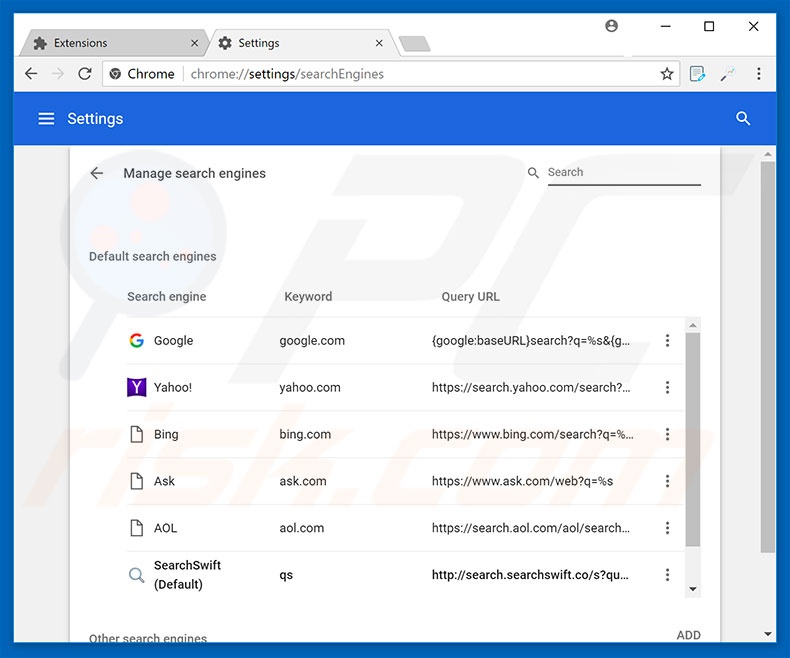 Removing search.searchswift.co from Google Chrome default search engine