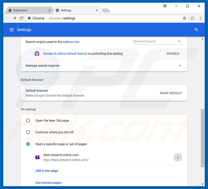 Removing feed.streamit-online.com from Google Chrome homepage