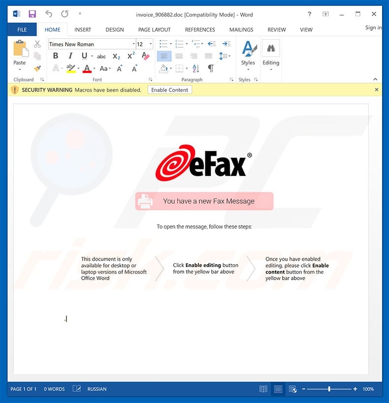 Malicious attachment distributed through eFax spam campaign