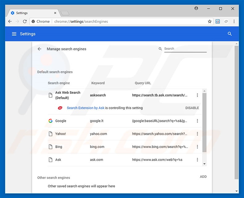 Removing hp.myway.com from Google Chrome default search engine