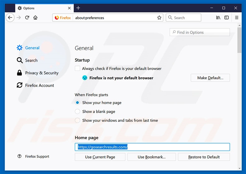 Removing gosearchresults.com from Mozilla Firefox homepage