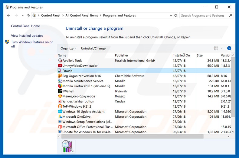 Powzip adware uninstall via Control Panel
