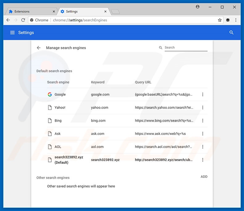 Removing search323892.xyz from Google Chrome default search engine