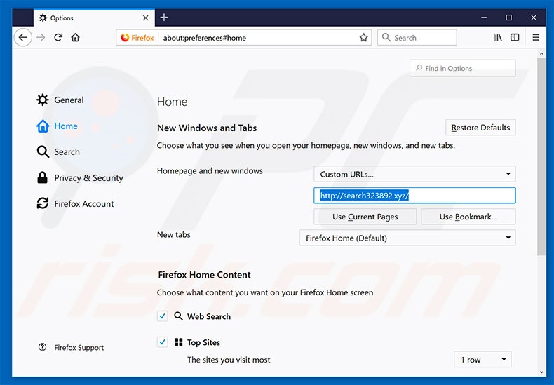 Removing search323892.xyz from Mozilla Firefox homepage