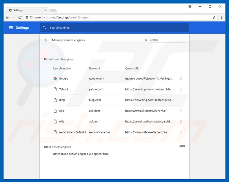 Removing webcrawler.com from Google Chrome default search engine
