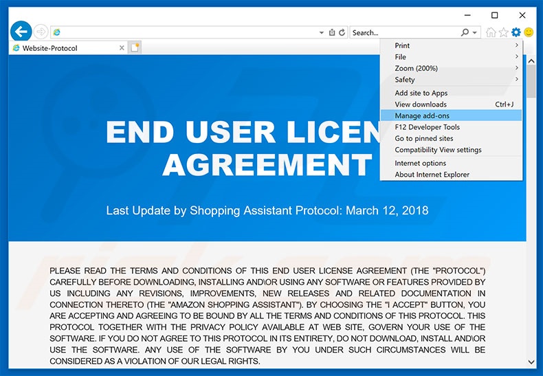 Removing Amazon Shopping Assistant ads from Internet Explorer step 1