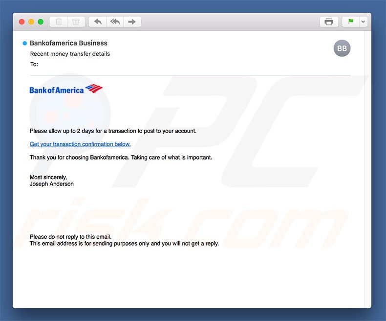 Bank Of America Email Virus malware