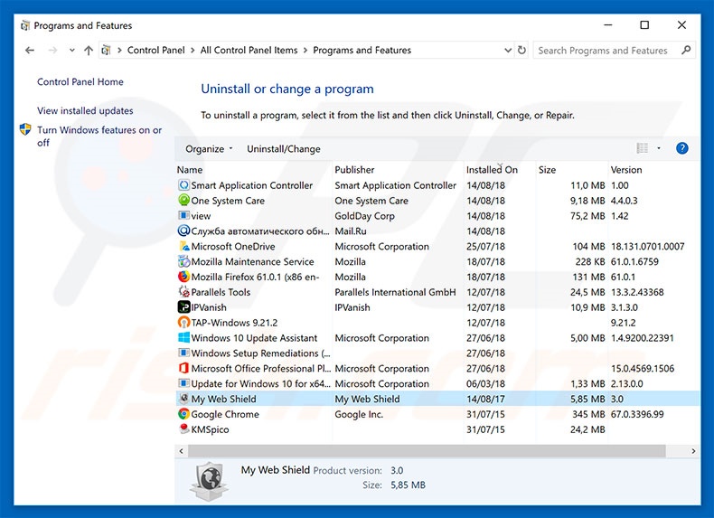 My Web Shield adware uninstall via Control Panel