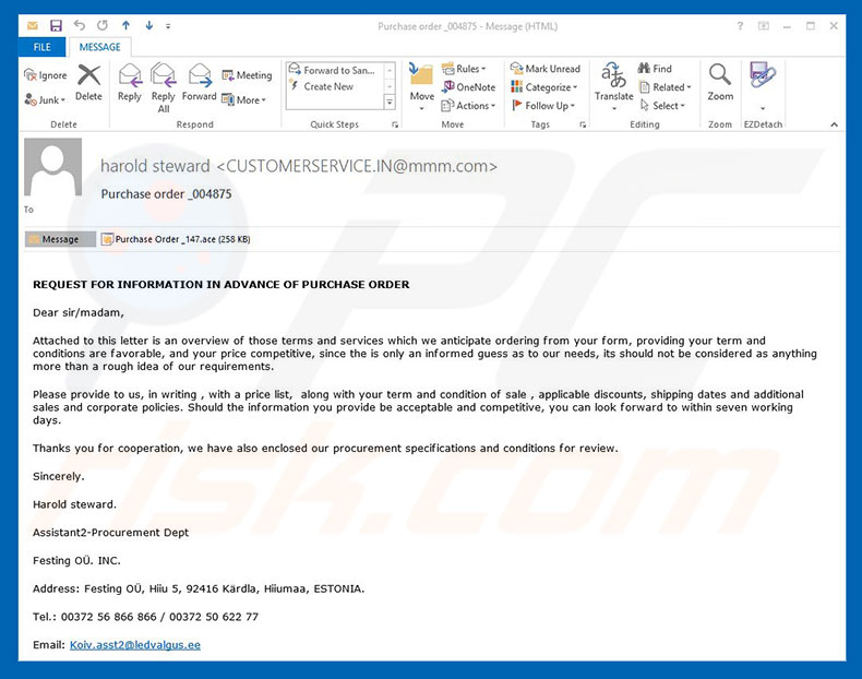 Malware wirus e-mailowy Purchase Order