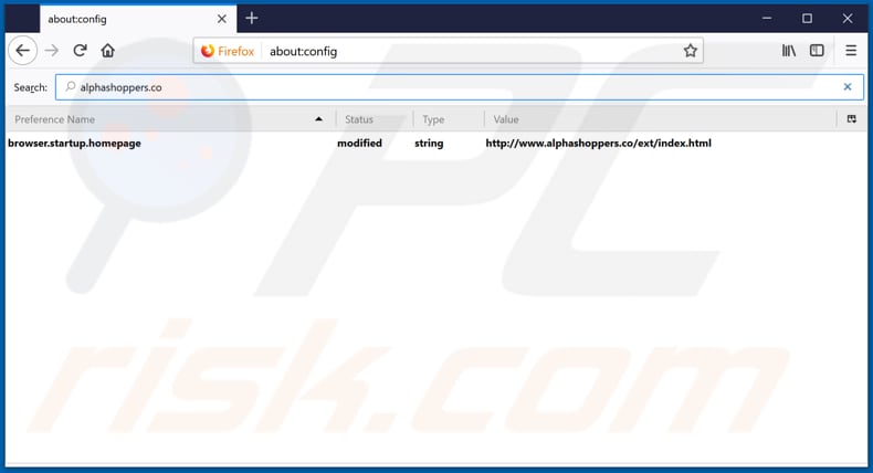 Removing alphashoppers.co from Mozilla Firefox default search engine