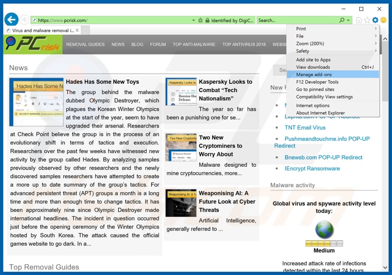 Removing rogue extensions from Internet Explorer step 1