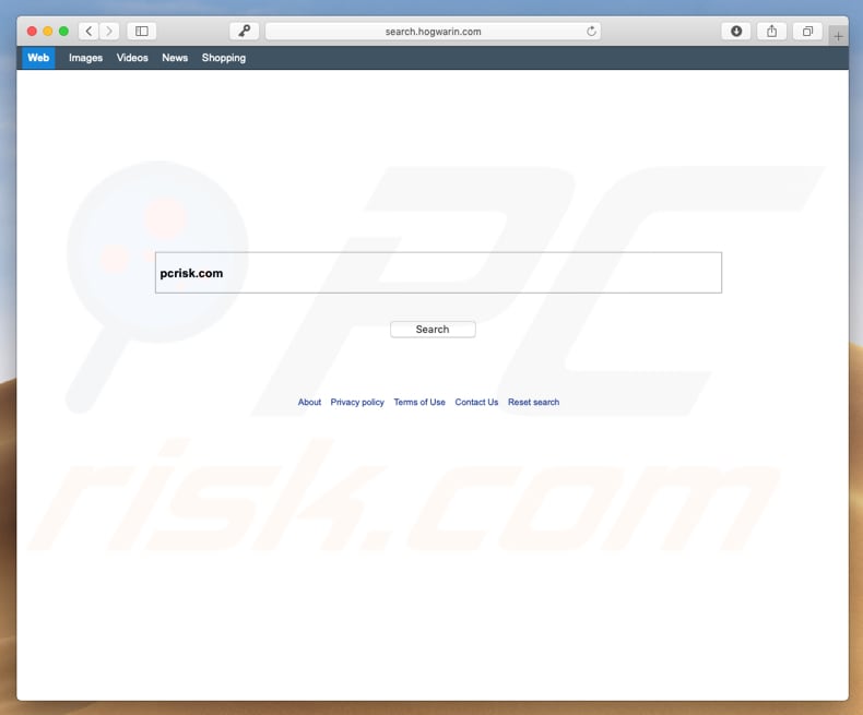 search.hogwarin.com browser hijacker on a Mac computer