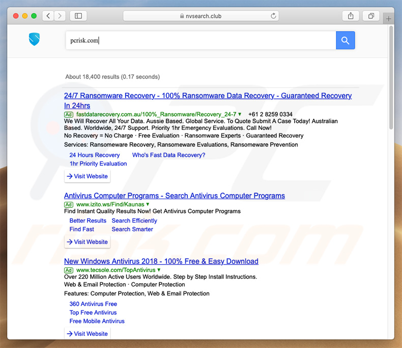nvsearch.club browser hijacker on a Mac computer