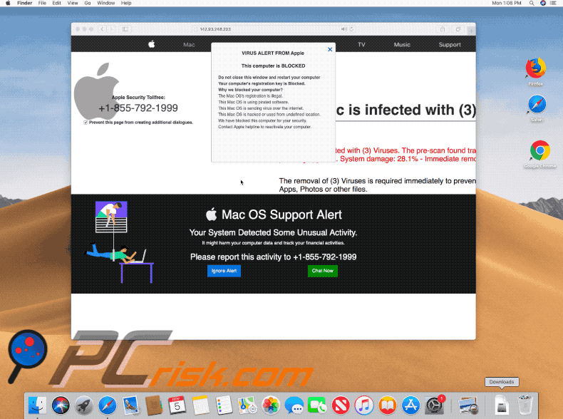 Appearance of Mac OS Support Alert scam (GIF)