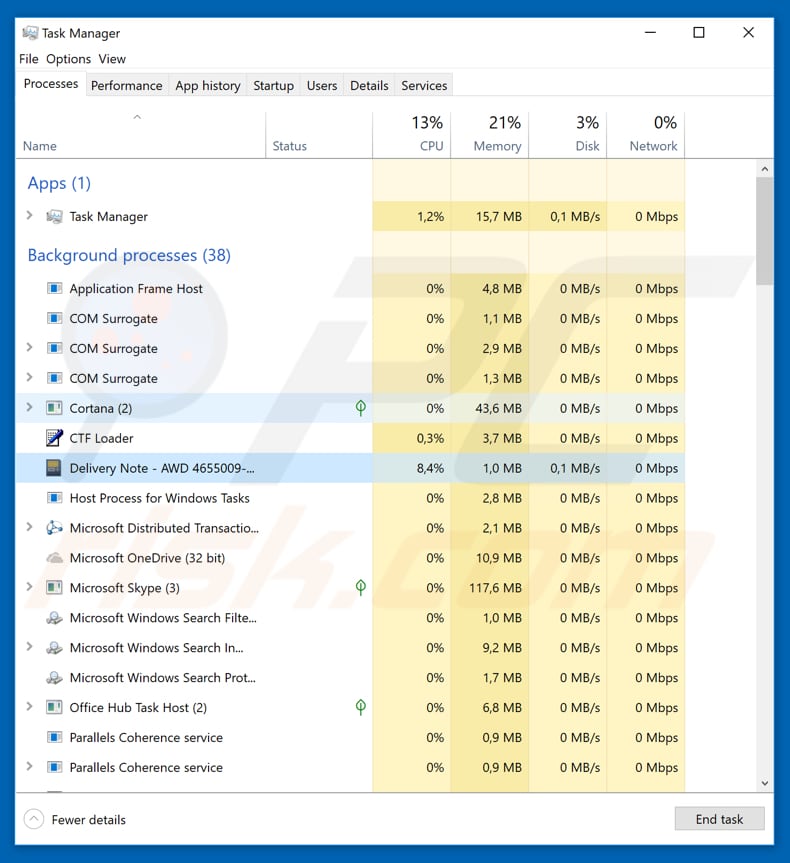 Proces wirusa e-mailowego TNT Email Virus Delivery Note w Menedżerze zadań