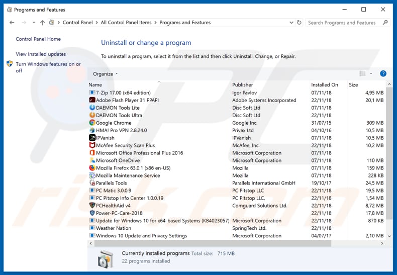 Odinstalowanie adware Your System Detected Some Unusual Activity za pomocą Panelu sterowania