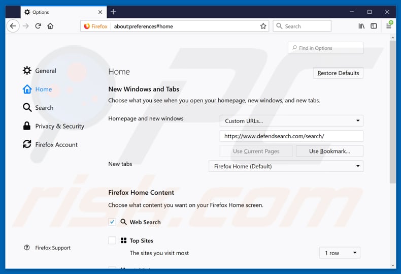 Removing defendsearch.com from Mozilla Firefox homepage