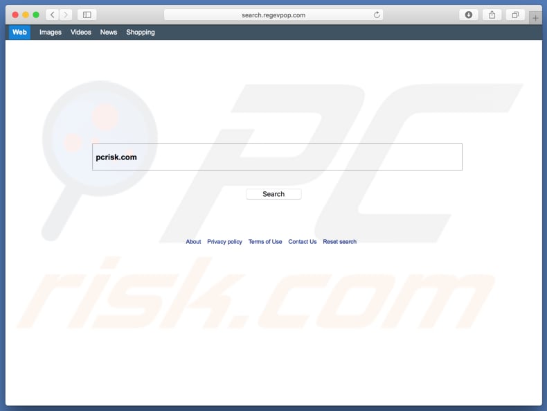 search.regevpop.com browser hijacker on a Mac computer