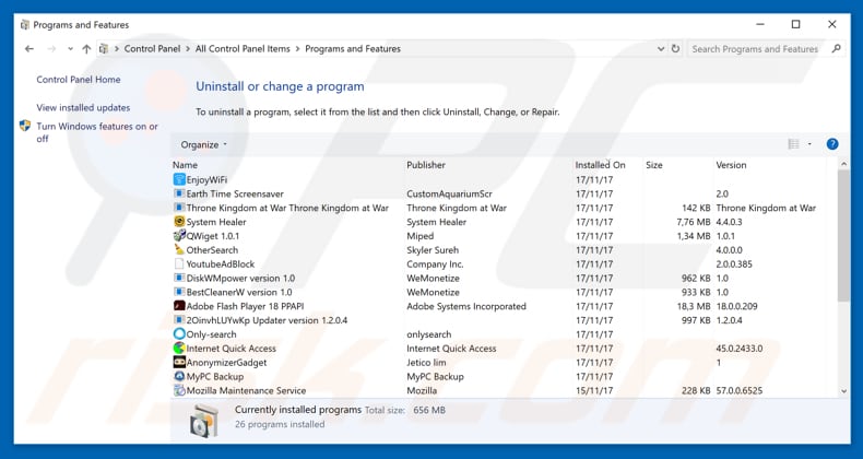 pavadinimas browser hijacker uninstall via Control Panel